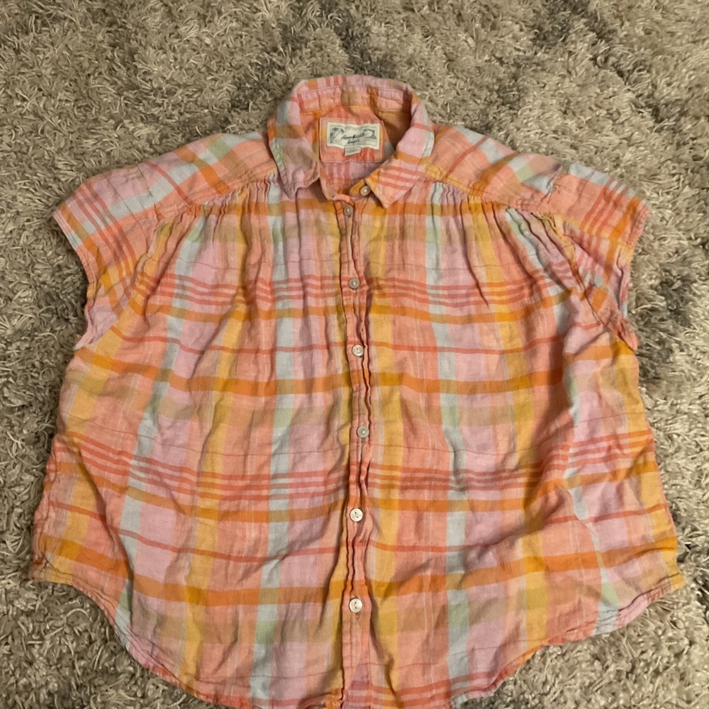 American Eagle Plaid Short Sleeve Button Down Shirt‎ Pink Orange Yellow Small